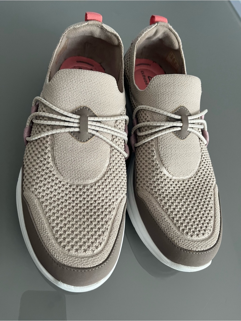 Clarks Beige Knit Slip-On Sneakers with Pink Accents